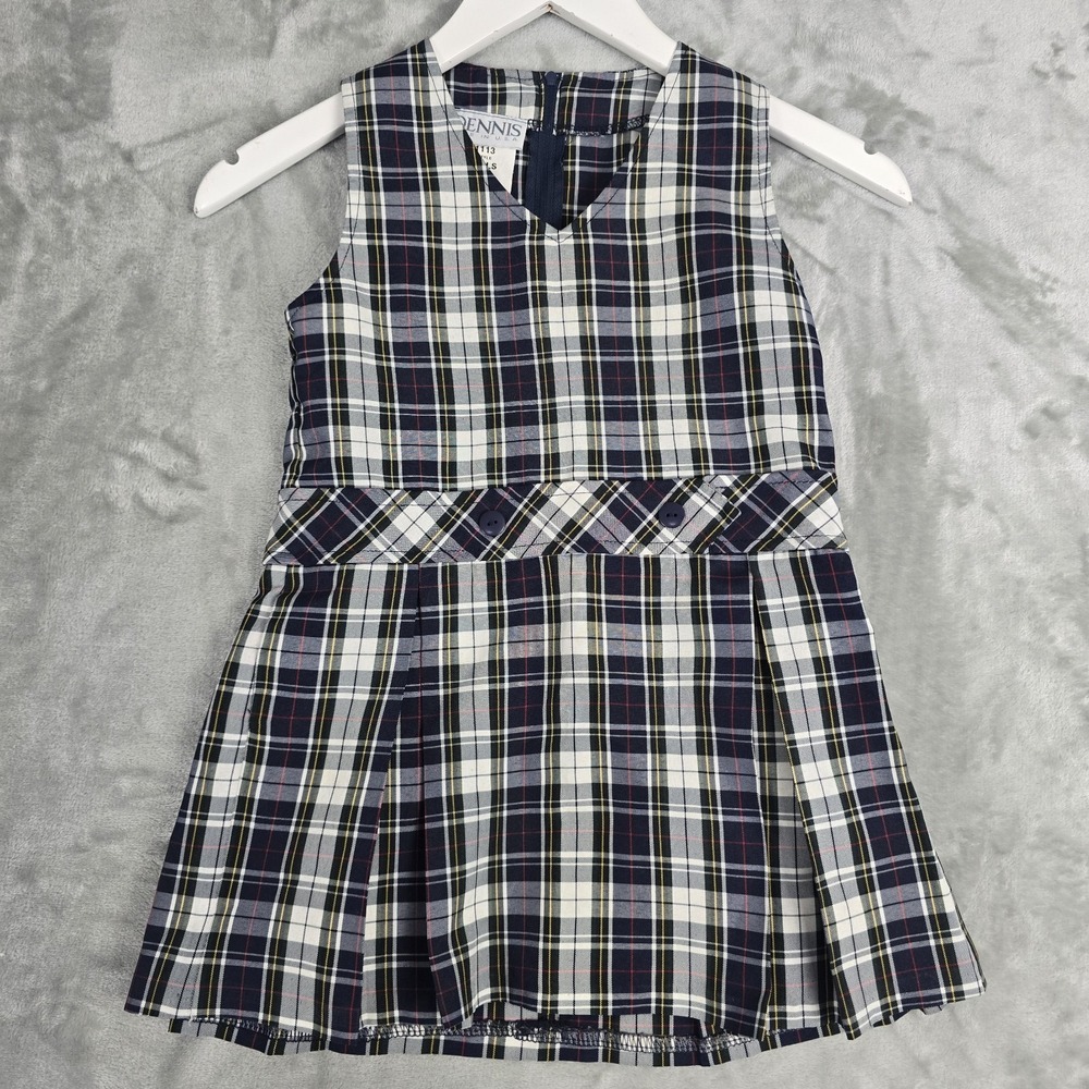 Dennis Uniforms Girls Size G3 Dress Blue Green White Plaid V-Neck Pleated